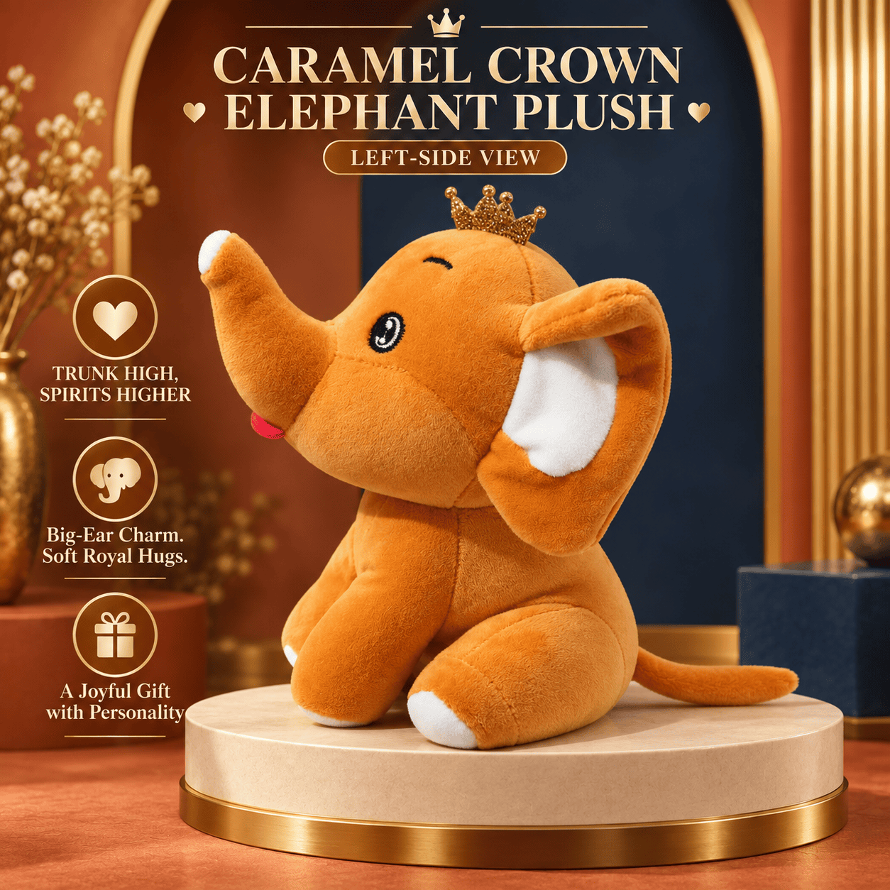 Orange Prince Elephant Plush Toy – 25cm Soft Stuffed Animal with Golden Crown