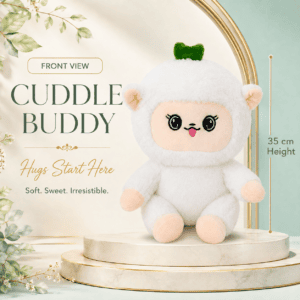fluffy white lamb plush toy with a green leaf accent on its head sitting on a marble pedestal.
