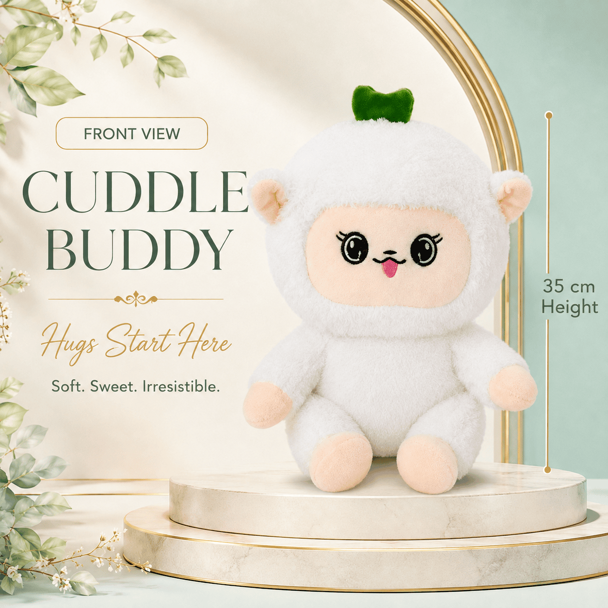 fluffy white lamb plush toy with a green leaf accent on its head sitting on a marble pedestal.