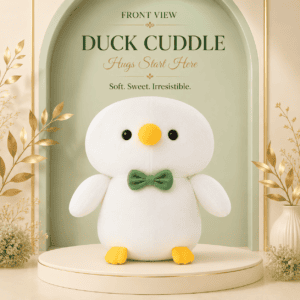 white duck plush toy with a green bow tie and yellow beak sitting on a circular pedestal.