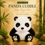 black and white panda bear plush toy with detailed paw pads sitting on a gold pedestal against a bamboo backdrop.