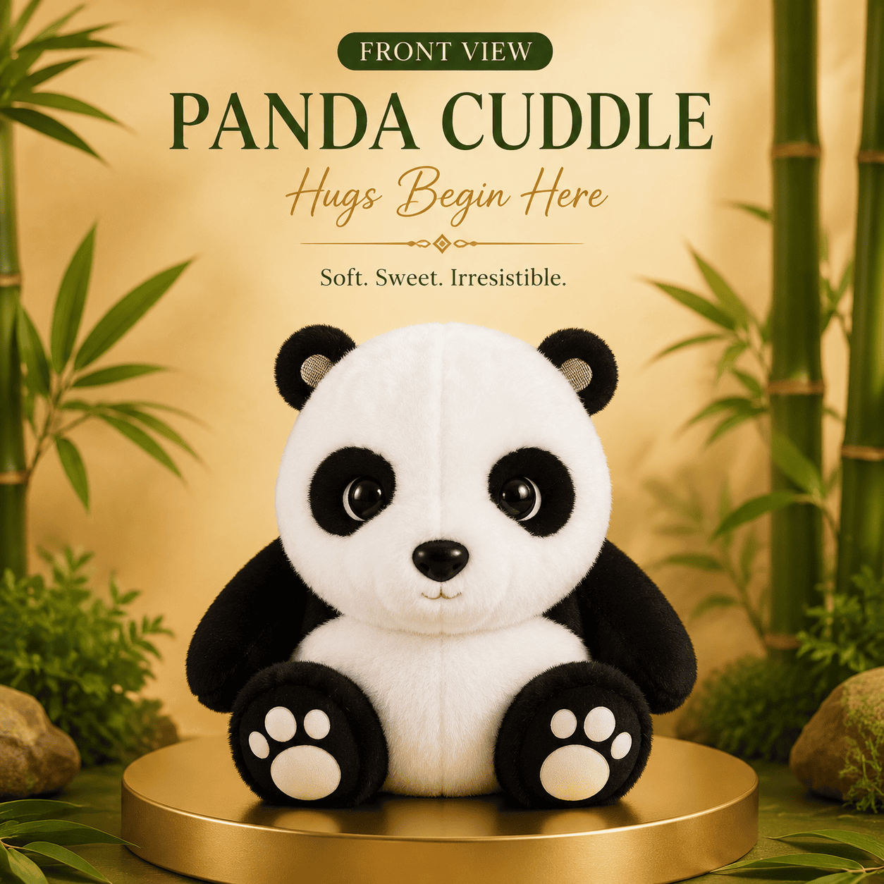 black and white panda bear plush toy with detailed paw pads sitting on a gold pedestal against a bamboo backdrop.