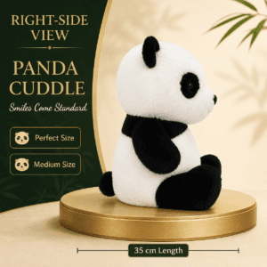 black and white panda bear plush toy with detailed paw pads sitting on a gold pedestal against a bamboo backdrop.