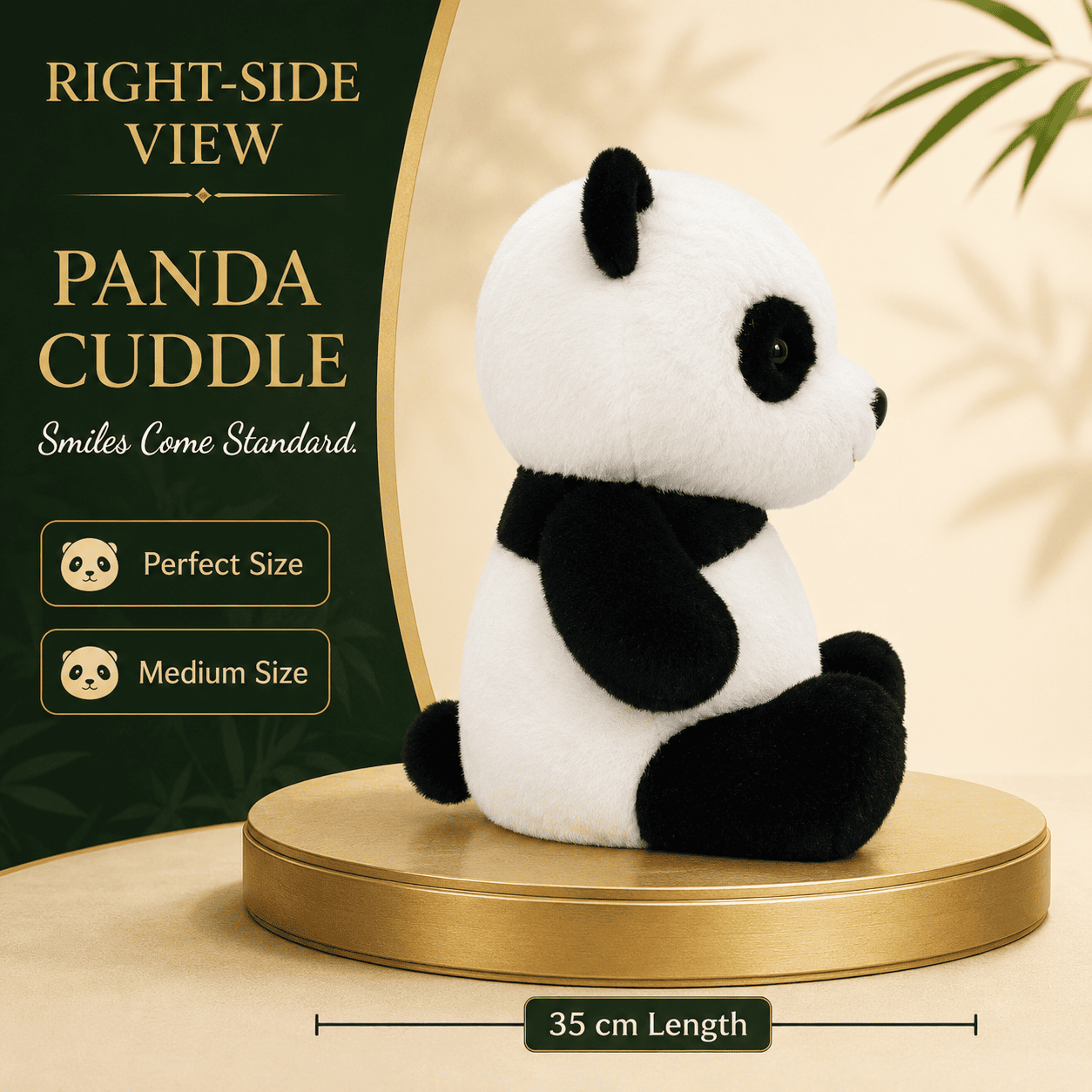 black and white panda bear plush toy with detailed paw pads sitting on a gold pedestal against a bamboo backdrop.