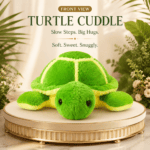 vibrant green plush turtle toy with yellow shell accents sitting on a round golden pedestal.