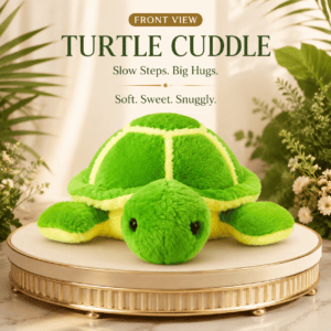 vibrant green plush turtle toy with yellow shell accents sitting on a round golden pedestal.