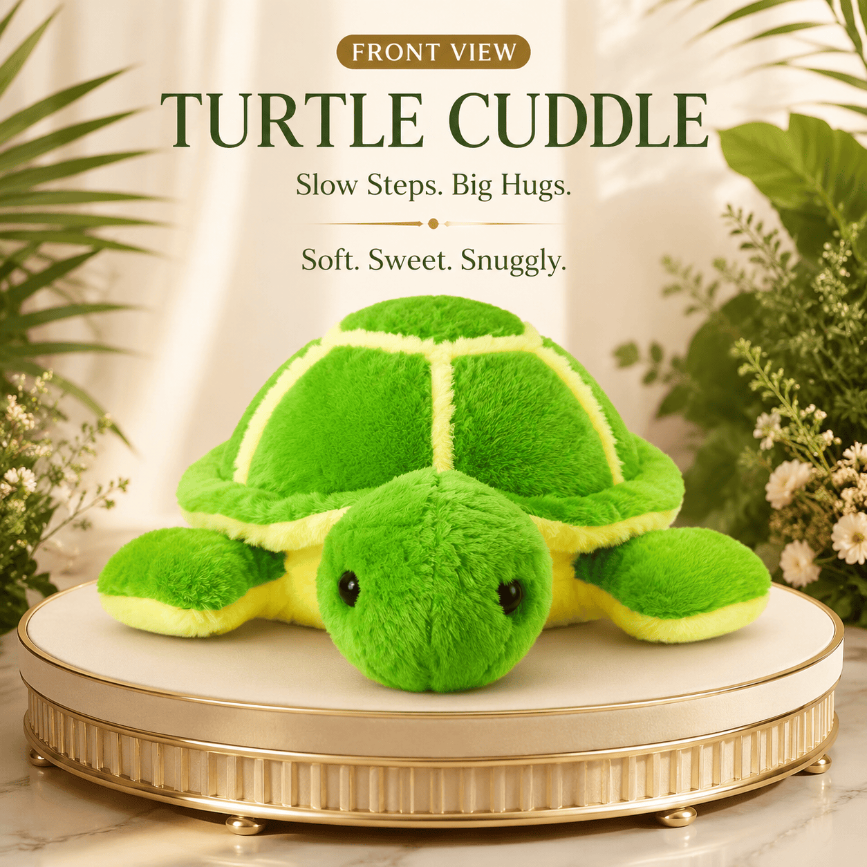 vibrant green plush turtle toy with yellow shell accents sitting on a round golden pedestal.