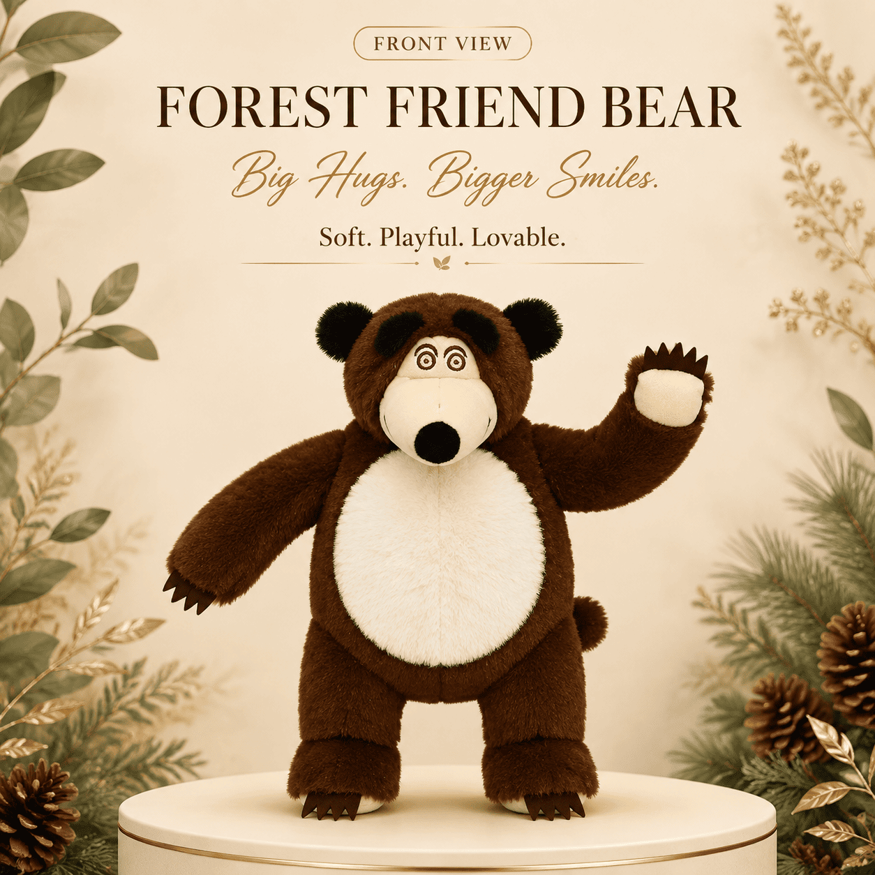 35cm brown forest friend bear plush toy with a waving paw and cream belly standing on a circular display pedestal.