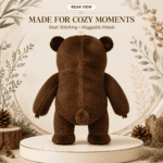 35cm brown forest friend bear plush toy with a waving paw and cream belly standing on a circular display pedestal.