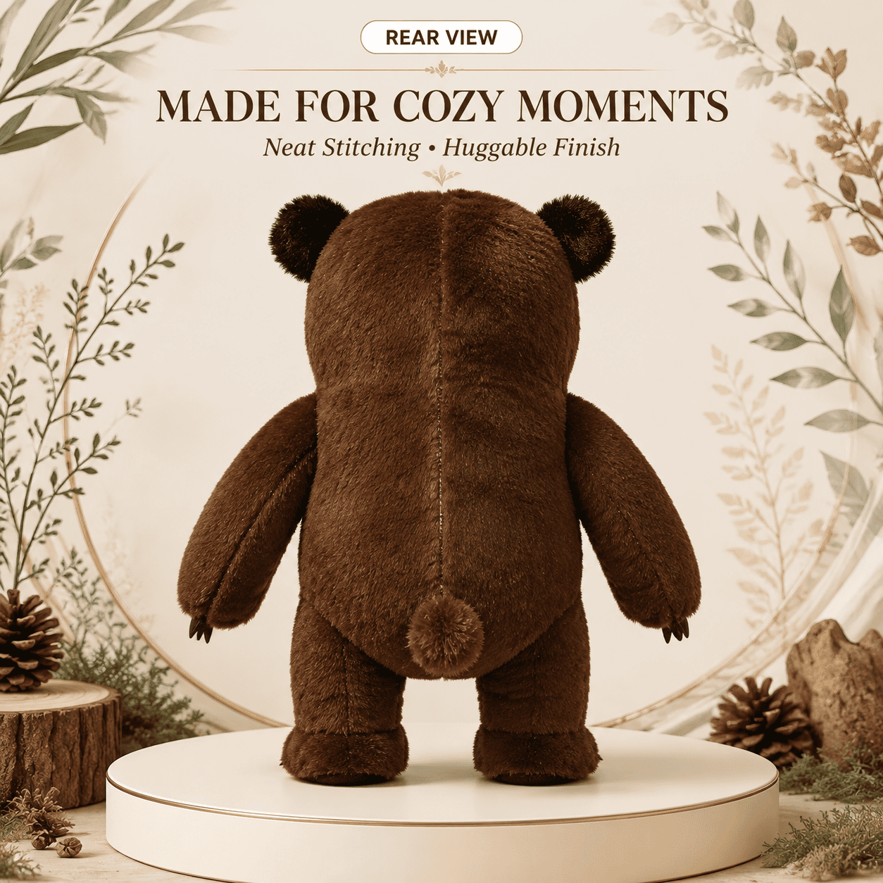 35cm brown forest friend bear plush toy with a waving paw and cream belly standing on a circular display pedestal.