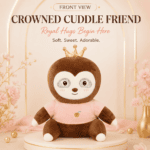 35cm brown sloth plush toy wearing a gold crown and pink pineapple sweater sitting on a pedestal against a floral backdrop.
