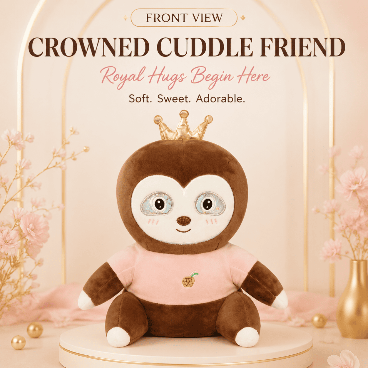 35cm brown sloth plush toy wearing a gold crown and pink pineapple sweater sitting on a pedestal against a floral backdrop.