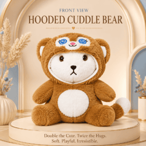 white plush teddy bear wearing a fuzzy brown bear hood costume sitting on