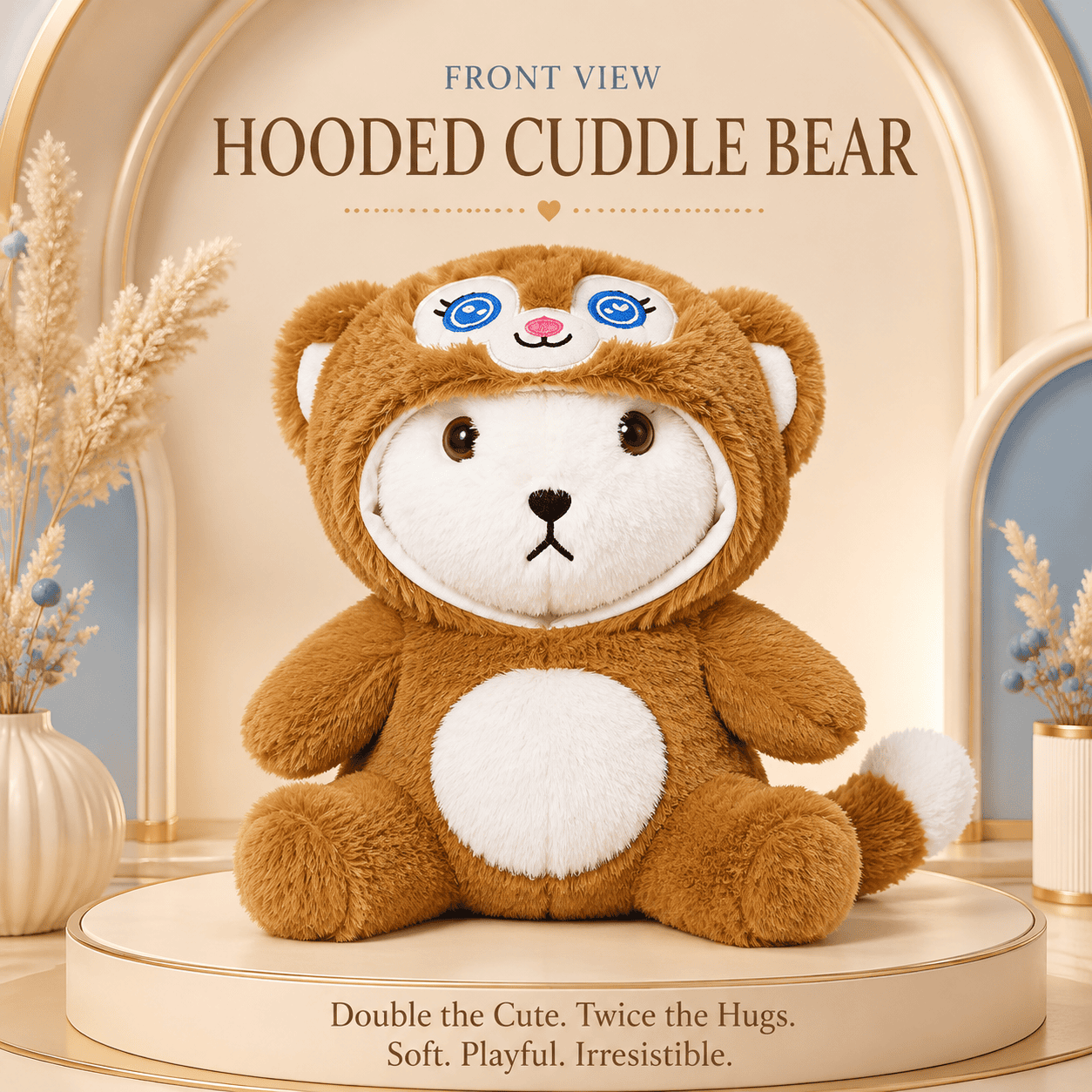 white plush teddy bear wearing a fuzzy brown bear hood costume sitting on