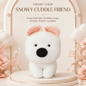 soft white puppy plush toy with pink inner ears and a large black nose sitting on a circular pedestal