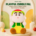 Crayon Shin-Chan plush toy wearing a red and green watermelon hat and overalls sitting on a circular pedestal.