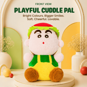 Crayon Shin-Chan plush toy wearing a red and green watermelon hat and overalls sitting on a circular pedestal.