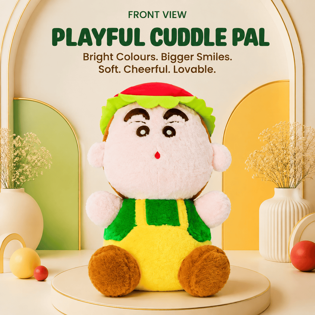 Crayon Shin-Chan plush toy wearing a red and green watermelon hat and overalls sitting on a circular pedestal.