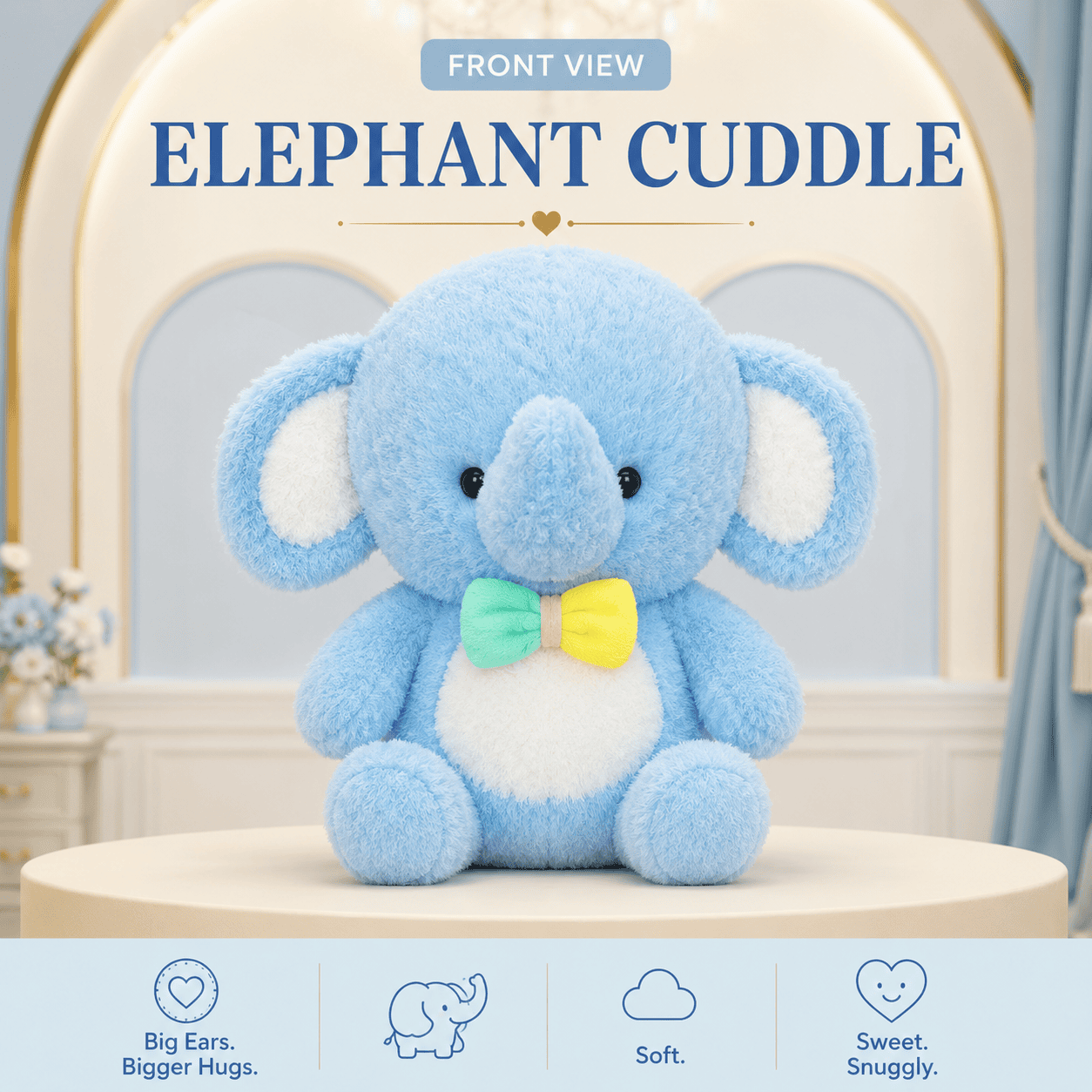 pastel blue elephant plush toy wearing a mint green and yellow bow tie sitting on a display pedestal.
