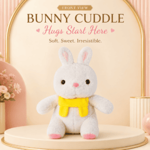 soft white bunny plush toy wearing a yellow scarf sitting on a round beige pedestal