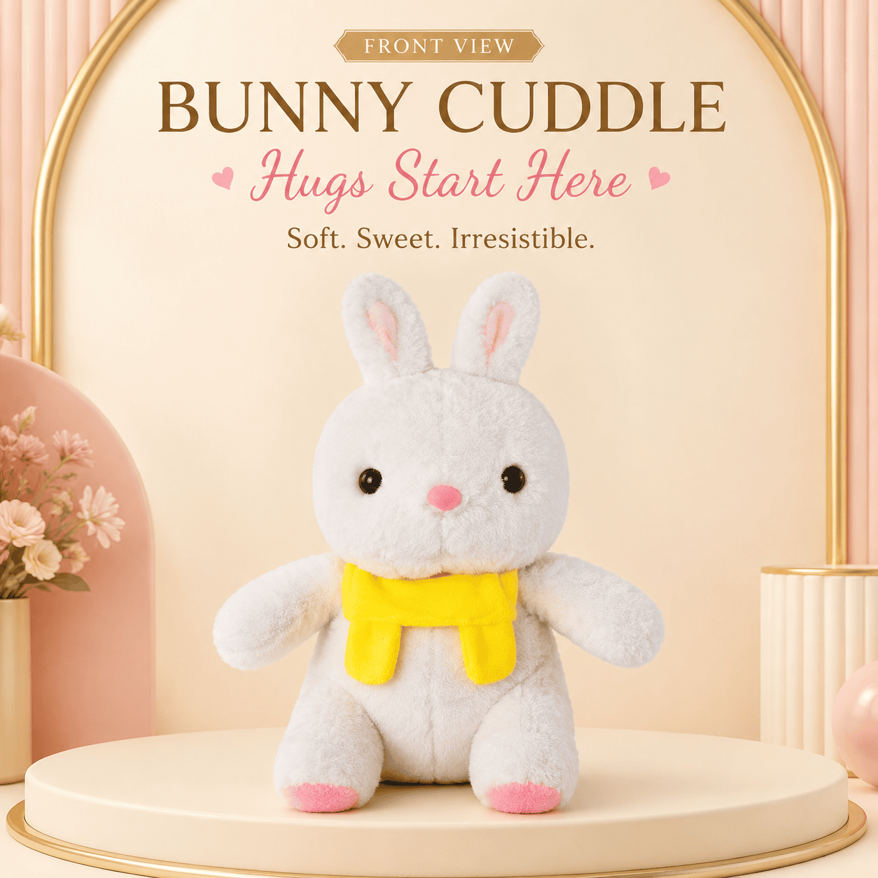 soft white bunny plush toy wearing a yellow scarf sitting on a round beige pedestal