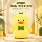 bright yellow duck plush toy wearing a green bow tie with a leaf sprout on its head sitting on a pedestal.