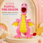 35cm bright pink dragon plush toy with open mouth, yellow belly, and colorful scales standing on a display pedestal.