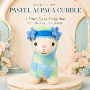 35cm tie-dye blue and green pastel alpaca plush toy wearing a blue flower headband sitting on a circular pedestal