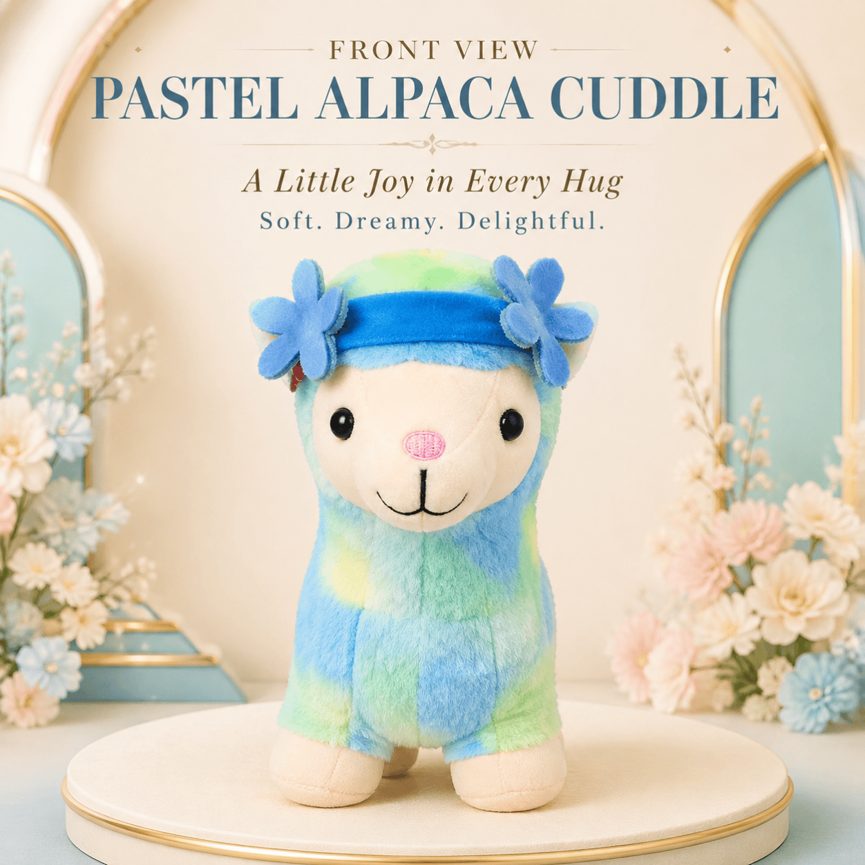 35cm tie-dye blue and green pastel alpaca plush toy wearing a blue flower headband sitting on a circular pedestal