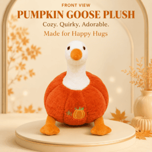 35cm white goose plush toy wearing a burnt orange pumpkin costume with embroidered pumpkin detail sitting on a circular pedestal.