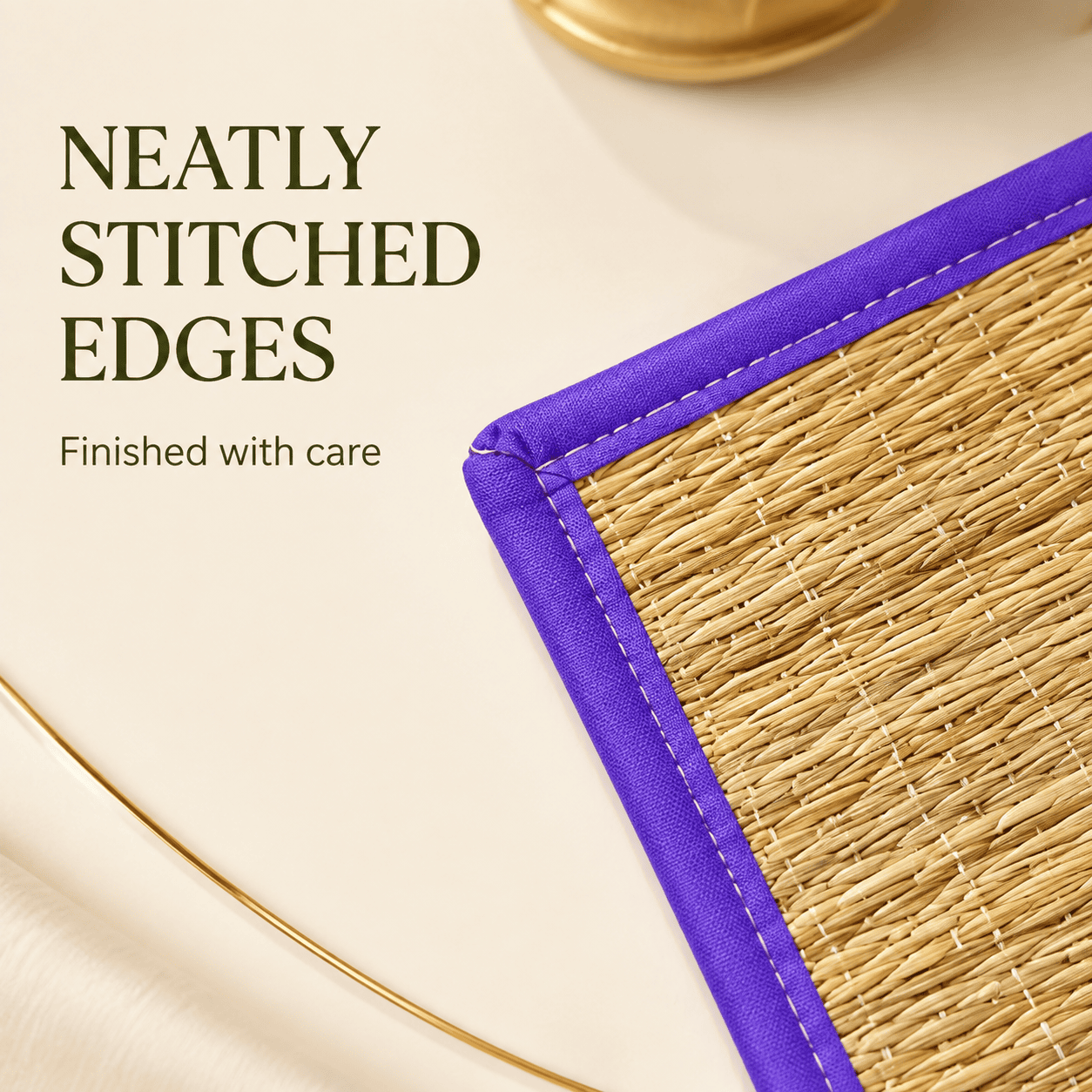 Natural Woven Grass Sitting Mat – Eco-Friendly Compact Floor Mat with Purple Border