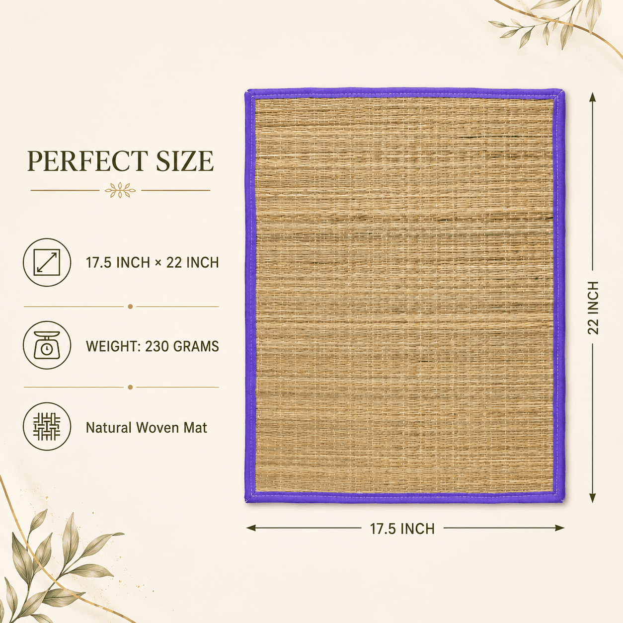 Natural Woven Grass Sitting Mat – Eco-Friendly Compact Floor Mat with Purple Border