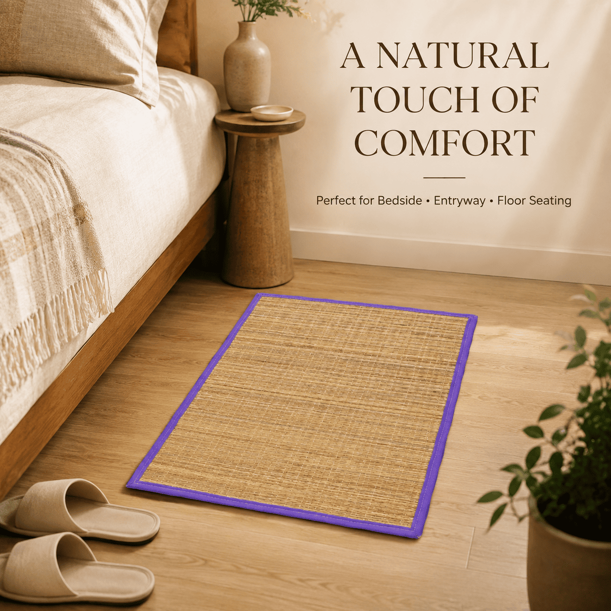 Natural Woven Grass Sitting Mat – Eco-Friendly Compact Floor Mat with Purple Border