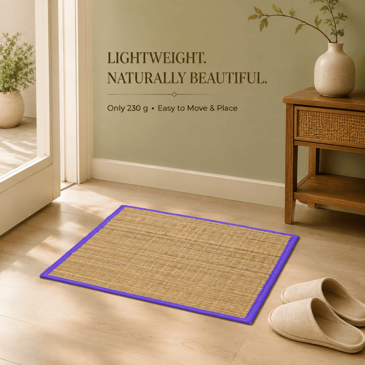 Natural Woven Grass Sitting Mat – Eco-Friendly Compact Floor Mat with Purple Border