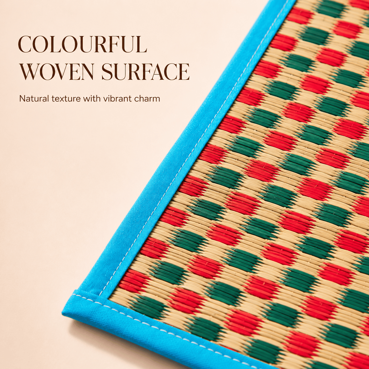 Multi-Pattern Woven Grass Sitting Mat – Eco-Friendly Floor Mat with Blue Border