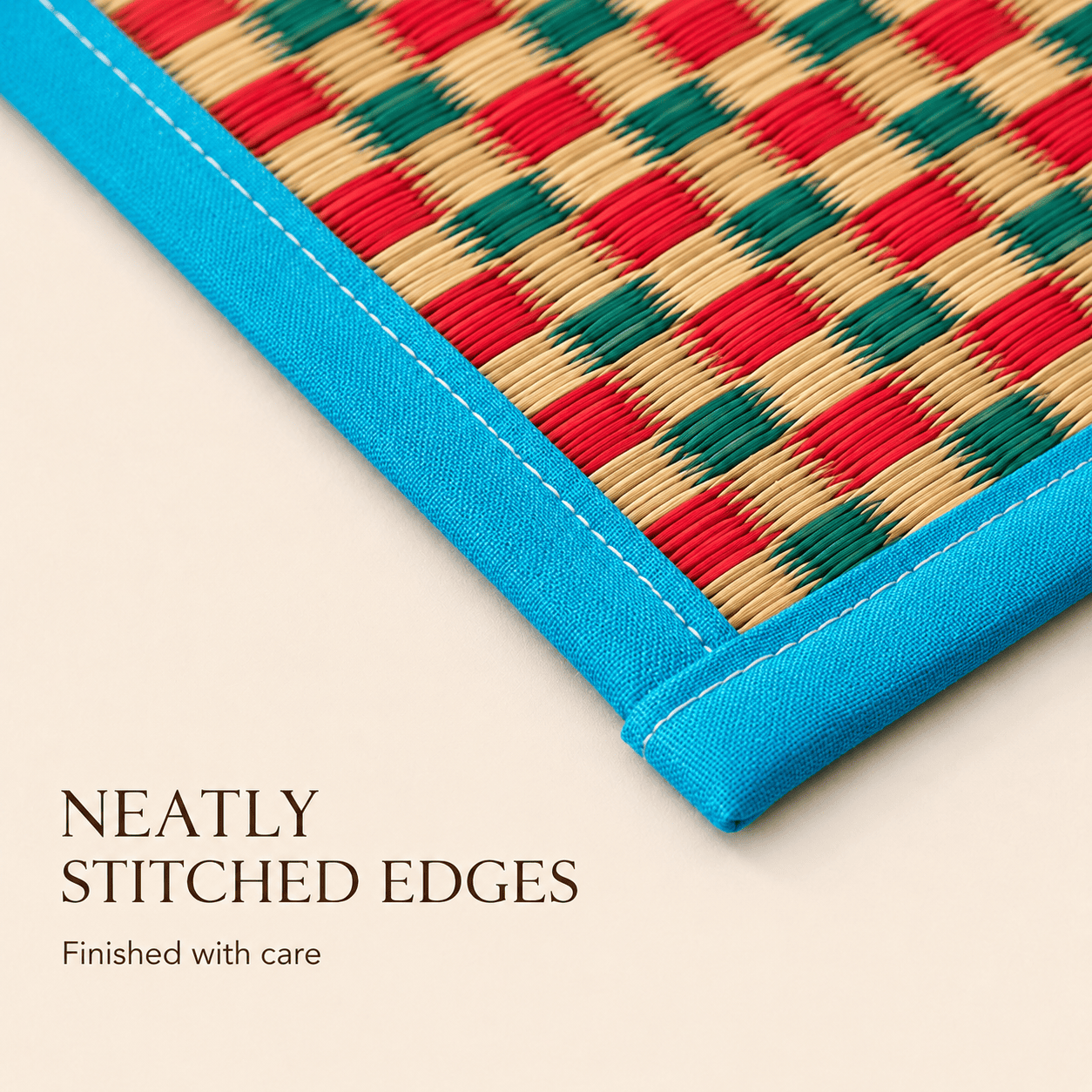 Multi-Pattern Woven Grass Sitting Mat – Eco-Friendly Floor Mat with Blue Border