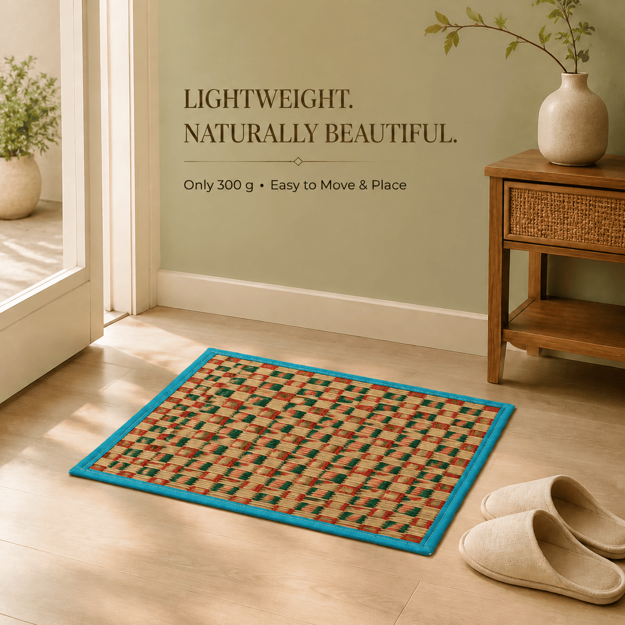 Multi-Pattern Woven Grass Sitting Mat – Eco-Friendly Floor Mat with Blue Border