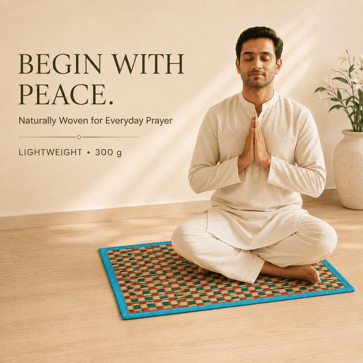 Multi-Pattern Woven Grass Sitting Mat – Eco-Friendly Floor Mat with Blue Border