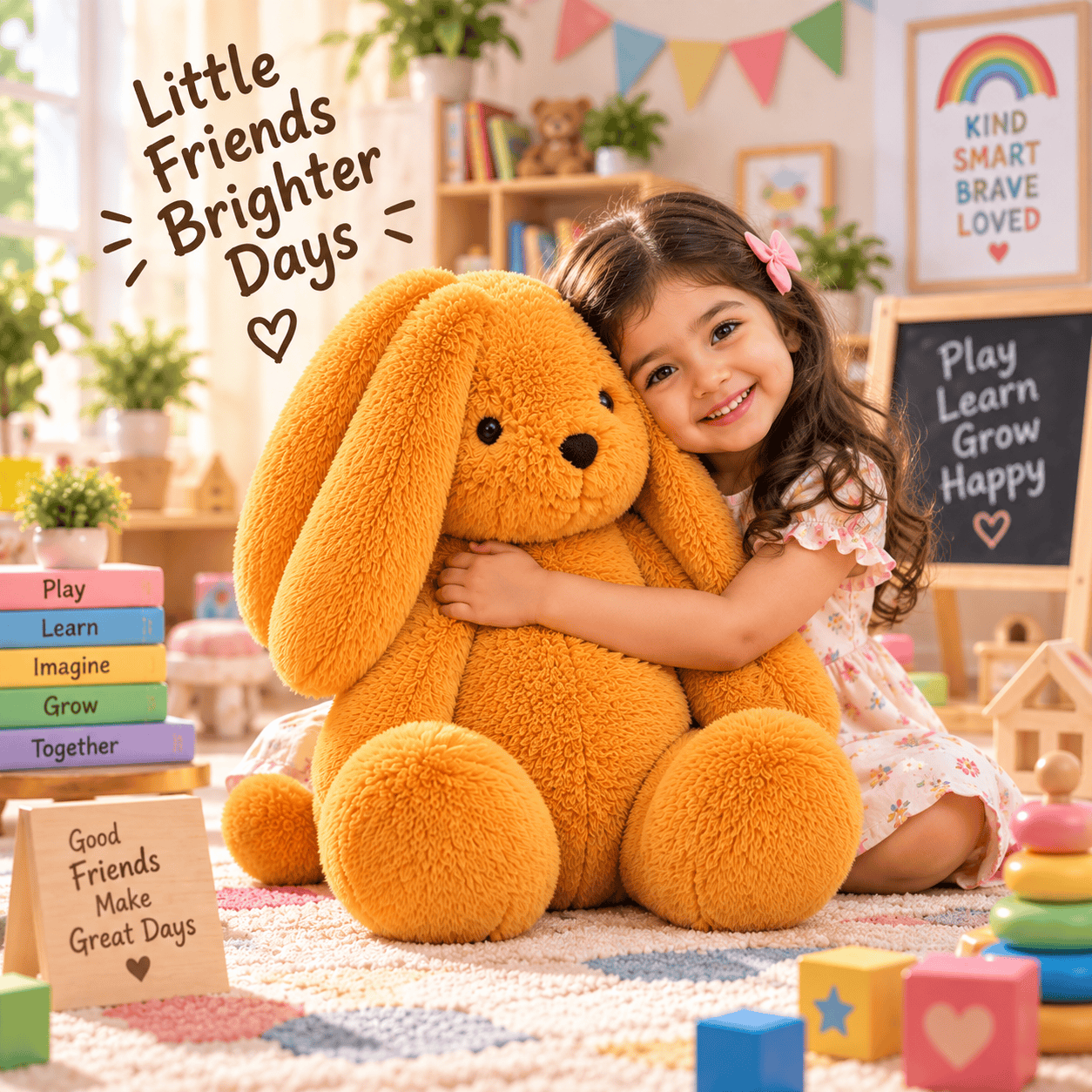 Young girl hugging a giant honey gold floppy-ear bunny plush sitting on a cozy playroom rug.