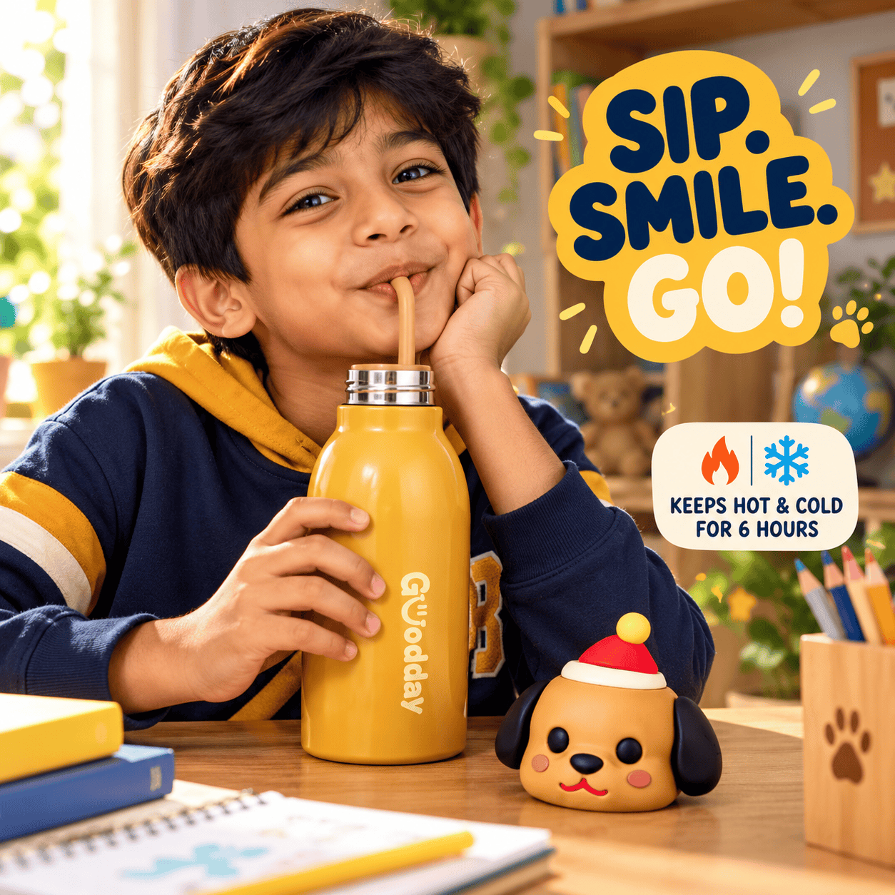 Goodday 450ml Mustard Yellow Puppy Kids Stainless Steel Insulated Water Bottle with 3D puppy character lid.
