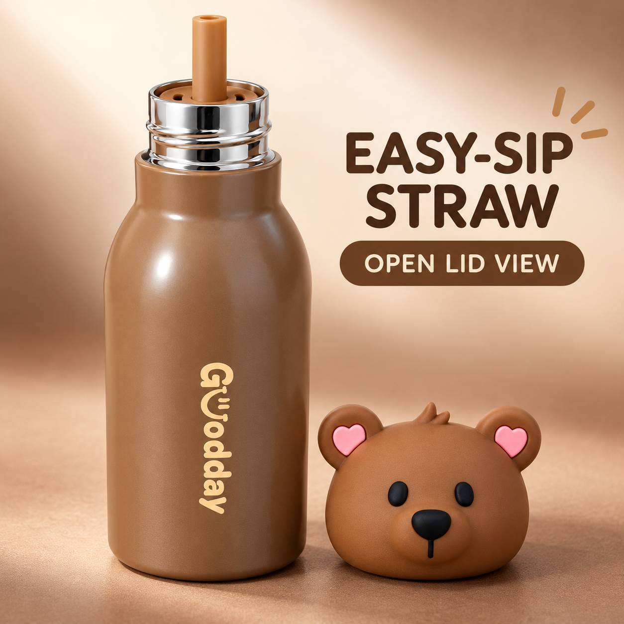 Goodday 450ml Leak-Proof Kids Insulated Water Bottle with Cute 3D Bear Lid
