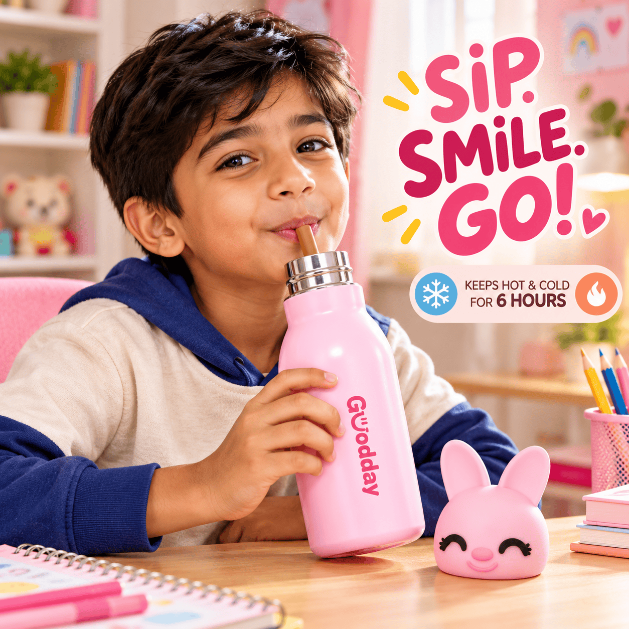 Goodday 450ml Leak-Proof Kids Insulated Water Bottle with Cute 3D Bunny Lid