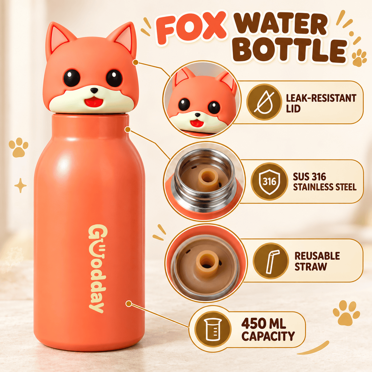 Goodday 450ml Leak-Proof Kids Insulated Water Bottle with Straw & Cute 3D Fox Lid