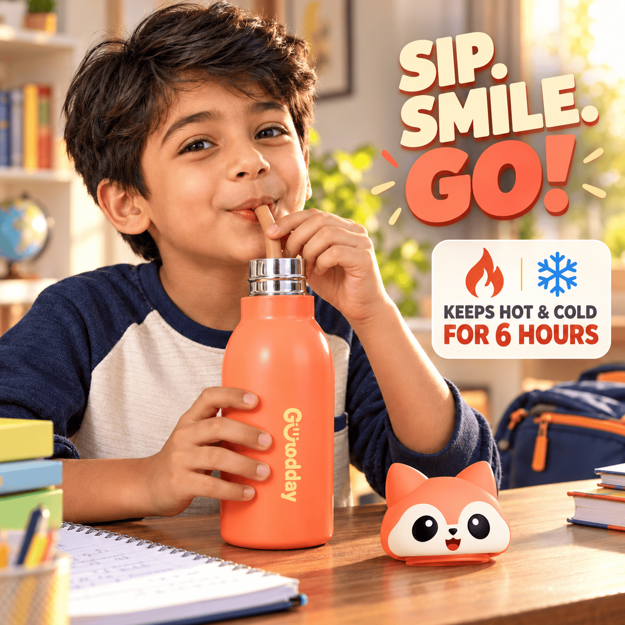 Goodday 450ml Leak-Proof Kids Insulated Water Bottle with Straw & Cute 3D Fox Lid