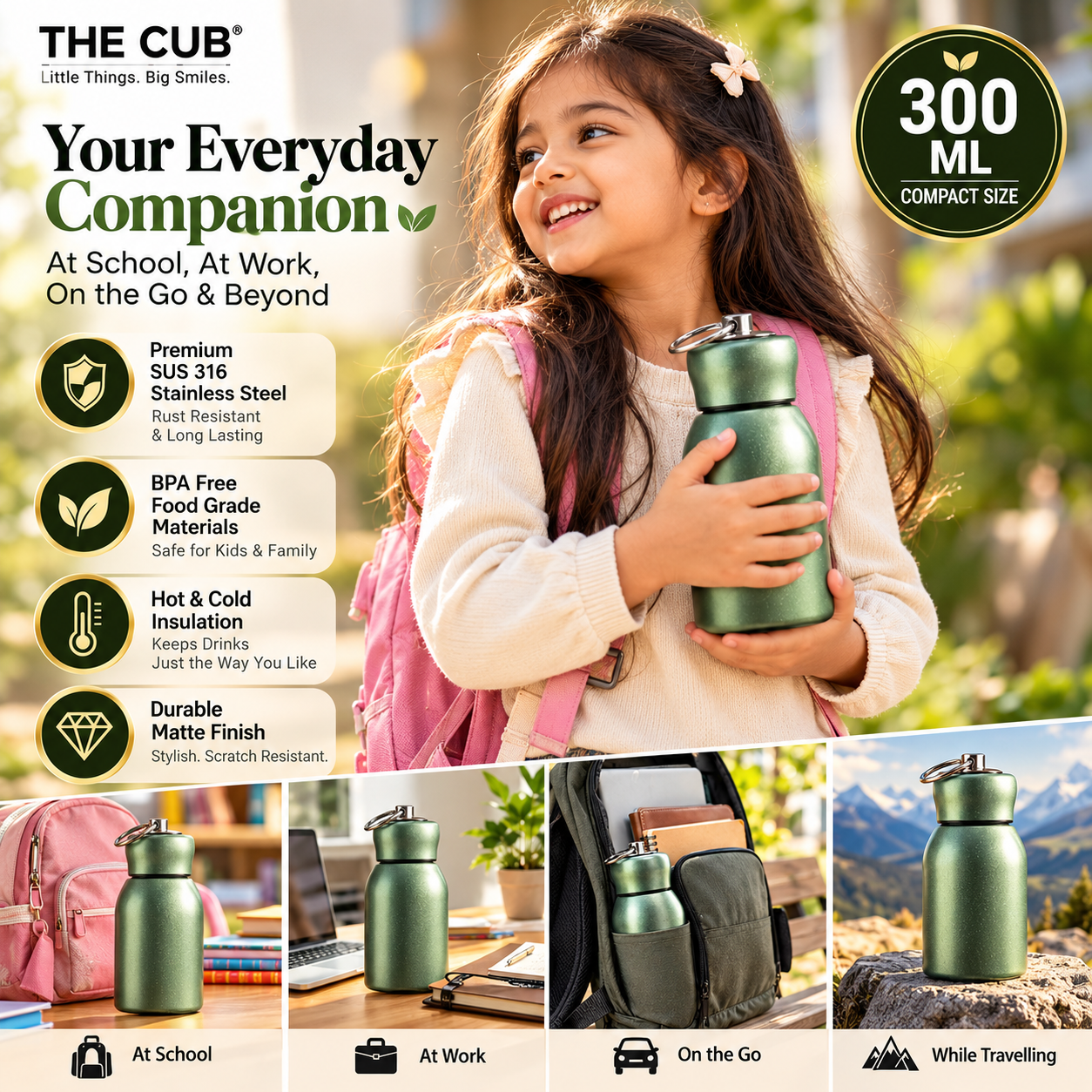 THE CUB 300ml Mini Stainless Steel Water Bottle – Vacuum Insulated Hot & Cold Thermos Flask for Kids, School & Office