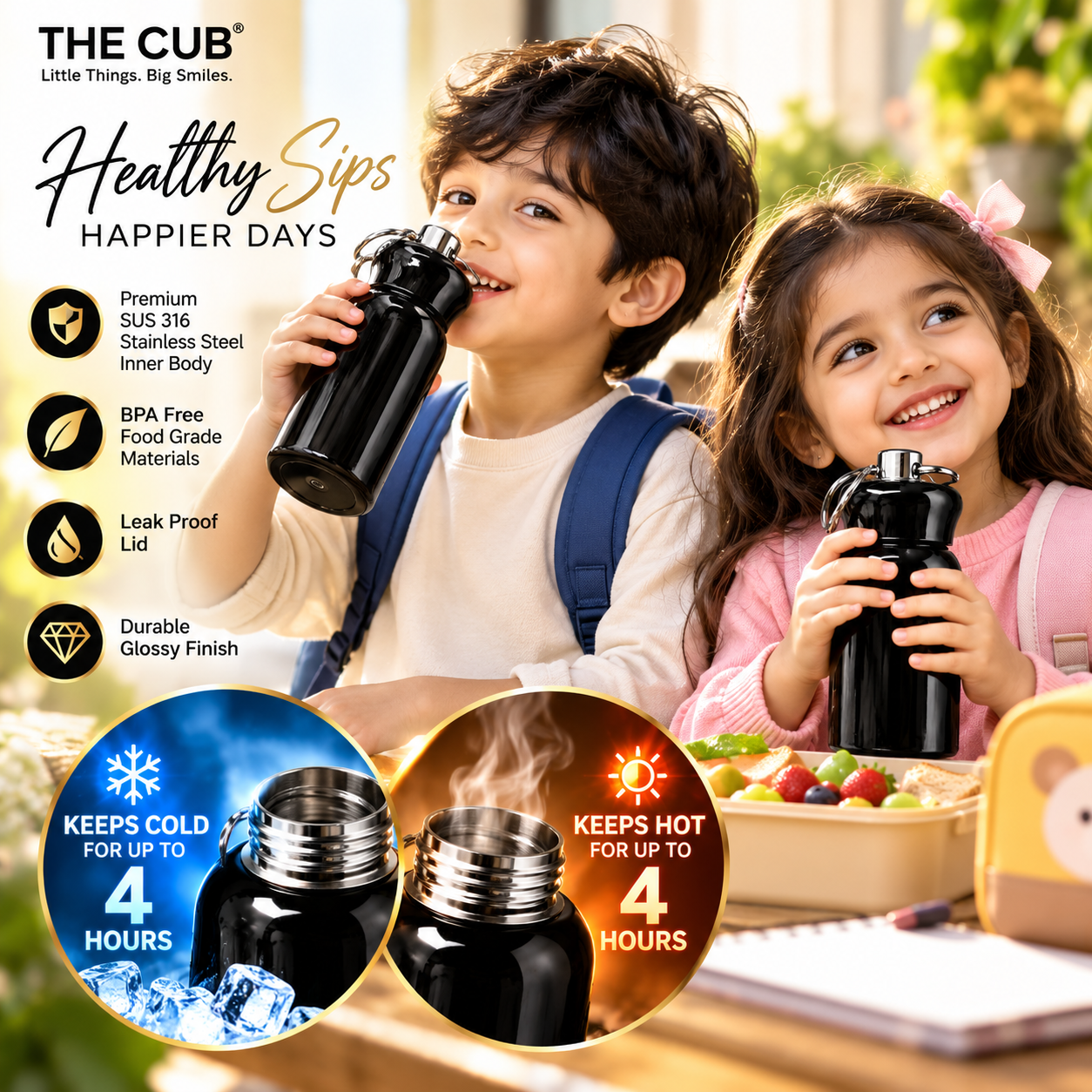 THE CUB 300ml Mini Stainless Steel Water Bottle – Vacuum Insulated Hot & Cold Thermos Flask for Kids, School & Office