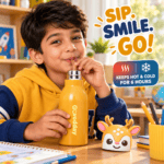 Goodday 450ml Mustard Yellow Deer Kids Stainless Steel Insulated Water Bottle with 3D deer character antler lid