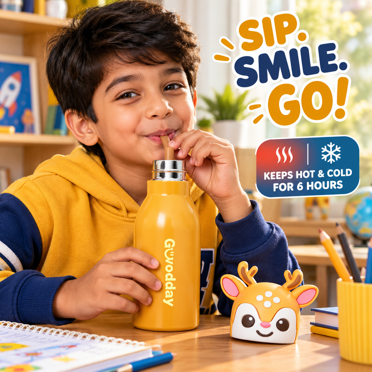 Goodday 450ml Mustard Yellow Deer Kids Stainless Steel Insulated Water Bottle with 3D deer character antler lid