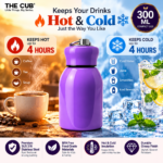 THE CUB 300ml green stainless steel water bottle showing hot and cold insulation performance for up to 4 hours