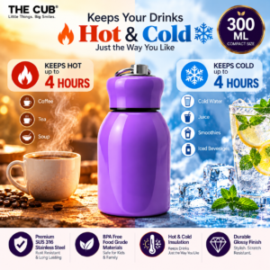 THE CUB 300ml green stainless steel water bottle showing hot and cold insulation performance for up to 4 hours